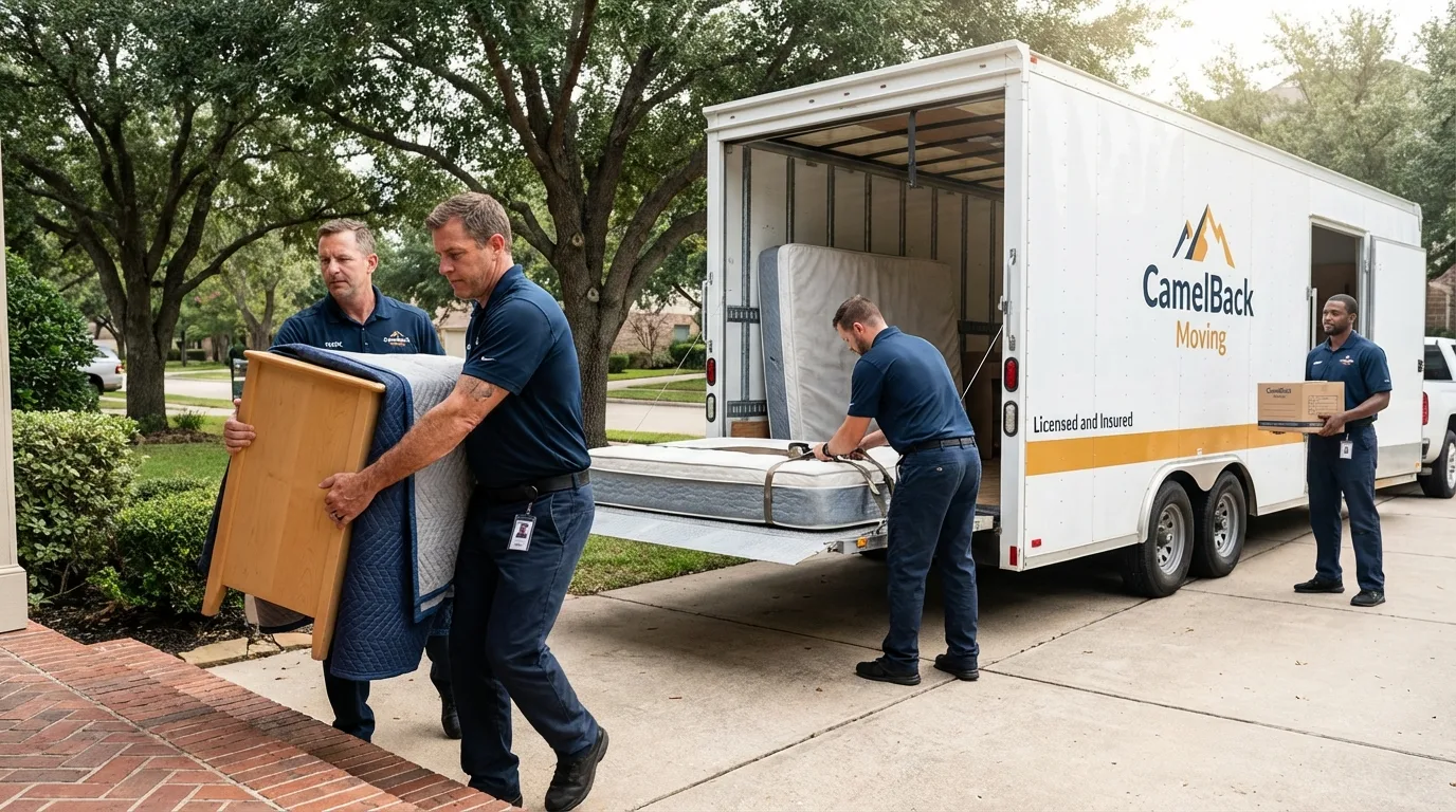 Crew loading residential truck for cross-state move from Larose, LA