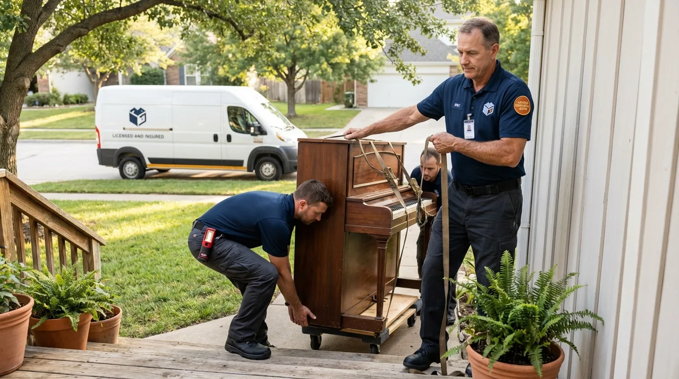Licensed piano movers securing grand piano in Larose, LA
