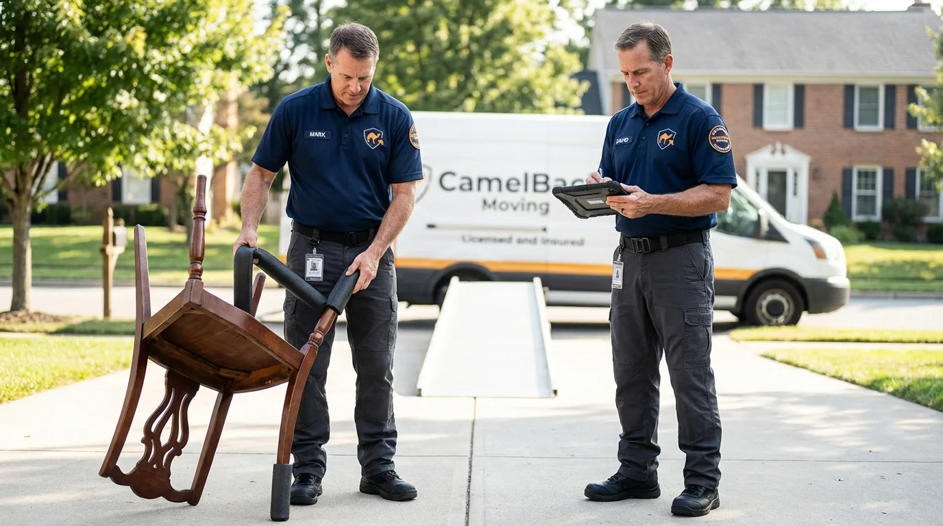 Movers inspecting furniture for damage prevention before loading in Larose, LA