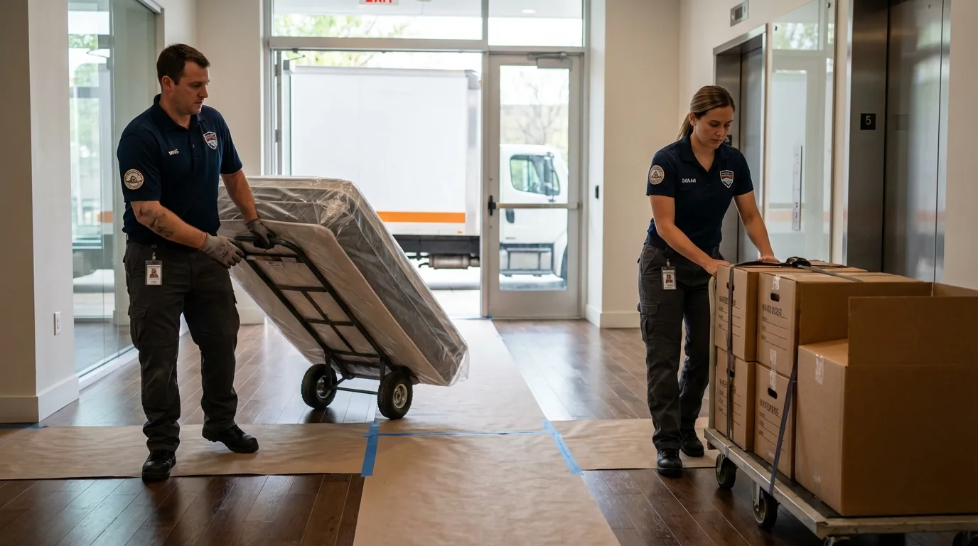 Professional apartment movers loading elevator in Larose, LA